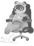  2023 animal_crossing anthro balls big_penis bodily_fluids canid canine chair clothing cum furniture genital_fluids genitals kemono male mammal masshiro navel nintendo penis raccoon_dog shirt sitting solo tanuki tom_nook_(animal_crossing) topwear 