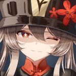  1girl ;) bangs black_headwear brown_hair closed_mouth commentary english_commentary flower flower-shaped_pupils genshin_impact hat hat_flower highres hu_tao_(genshin_impact) lit_for_20 long_hair looking_at_viewer one_eye_closed portrait red_eyes smile solo symbol-shaped_pupils 