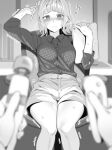  1girl absurdres arm_up bangs blunt_bangs blurry blurry_foreground blush breasts breath bright_pupils closed_mouth collared_shirt commentary_request dildo disembodied_limb greyscale hand_up heart highres hitachi_magic_wand holding holding_sex_toy holding_stylus holding_tablet_pc indoors jewelry kitazawa_(embers) knees_together_feet_apart long_sleeves looking_at_viewer medium_breasts monochrome nervous on_chair original pov raised_eyebrows ring sex_toy shiny shiny_hair shirt shirt_tucked_in short_hair short_sleeves sidelocks sitting solo_focus split_mouth straight-on stylus sweat tablet_pc thighs trembling vibrator white_pupils 