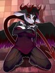  2020 absurd_res anthro biped black_body black_fur black_hair breasts clothed clothing demon digital_media_(artwork) feathered_wings feathers female fur hair hand_on_breast hand_on_own_breast harness hi_res horn kneeling markings on_ground pentagram pentagram_harness red_eyes red_markings shaded solo spade_tail teeth tekilao white_body white_fur wings 