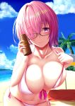  1girl bangs bare_shoulders beach beach_towel beach_umbrella bikini black-framed_eyewear blue_sky blush breasts closed_mouth cloud cloudy_sky collarbone day fate/grand_order fate_(series) front-tie_bikini_top front-tie_top glasses hair_over_one_eye highres holding large_breasts leaning_forward lips looking_at_viewer lotion_bottle mash_kyrielight navel ocean outdoors palm_leaf palm_tree pink_hair pulled_by_self purple_eyes shiny shiny_hair short_hair side-tie_bikini_bottom simple_background sky smile stomach swimsuit towel tree umbrella water zukky 
