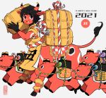  1girl 2021 akabeko animal animal_ears black_gloves black_hair black_horns body_markings centauroid chinese_zodiac colored_skin colored_tongue cow_ears cow_horns cow_tail full_body fur-tipped_tail gloves grey_background hands_up hooves horns kouhaku_nawa looking_at_viewer monster_girl multicolored_horns new_year open_mouth original red_horns red_skin rope shimenawa shimin short_eyebrows short_hair short_sleeves simple_background solo tail taur walking year_of_the_ox yellow_tongue 