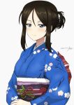  1girl black_hair blue_eyes blush breasts bukkuri closed_mouth dated girls_und_panzer japanese_clothes kimono large_breasts looking_at_viewer nonna_(girls_und_panzer) shiny shiny_hair signature simple_background smile solo upper_body white_background 