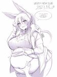  2023 absurd_res amiya_(arknights) animal_humanoid arknights belly big_belly big_breasts big_butt blush breasts butt cakecatboy chinese_zodiac dialogue female hand_on_stomach hi_res huge_breasts huge_thighs humanoid hypergryph lagomorph lagomorph_humanoid leporid_humanoid mammal mammal_humanoid monochrome navel overweight overweight_female overweight_humanoid rabbit_humanoid signature simple_background smile solo sound_effects speech_bubble studio_montagne text thick_thighs unseen_character year_of_the_rabbit 