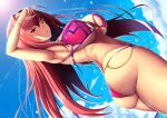  1girl arm_up armpits ass bangs bikini blue_sky breasts brown_hair cleavage cloud cloudy_sky fate/grand_order fate_(series) fingernails highleg highleg_bikini highres large_breasts lips long_hair looking_at_viewer looking_back nail_polish purple_hair scathach_(fate) scathach_(swimsuit_assassin)_(fate) shiny shiny_skin simple_background sky smile solo sunlight swimsuit thighs water water_drop wet zukky 