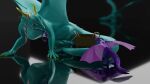  3d_(artwork) absurd_res ambiguous_gender blue_body candy candy_cane claws dessert digital_media_(artwork) dragon duo feral food hi_res horn membrane_(anatomy) membranous_wings nystemy_(artist) nystemy_(character) purple_body purple_spikes size_difference spikes spikes_(anatomy) tail thick_tail tongue tongue_out wings yellow_claws yellow_horn yellow_spikes 