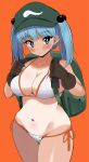  1girl alternate_costume backpack bag bangs bikini blue_eyes blue_hair blush breasts brown_gloves cleavage cowboy_shot flat_cap gloves green_bag green_headwear hair_bobbles hair_ornament hat highres kawashiro_nitori large_breasts looking_at_viewer medium_hair momendoufu navel open_mouth orange_background side-tie_bikini_bottom simple_background solo swimsuit touhou twintails white_bikini 