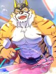  abs anthro bubble bulge car_wash clothing felid fur hi_res katoributa_a lifewonders live_a_hero male mammal mask muscular muscular_anthro nipples pantherine pecs pubes ryekie_(live_a_hero) solo speedo striped_body striped_fur stripes superhero swimwear tiger water water_hose 