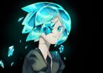  1other androgynous bangs black_background black_jacket black_necktie blue_eyes blue_hair closed_mouth collared_jacket collared_shirt commentary_request crystal grey_shirt hair_between_eyes highres houseki_no_kuni jacket jewelry light looking_at_viewer menma_(enaic31) necktie open_clothes open_jacket phosphophyllite puffy_short_sleeves puffy_sleeves shirt short_hair short_sleeves simple_background solo sparkle teeth 