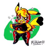  2021 anthro blonde_hair breasts breath cleft_tail clothing cosplay_pikachu_(costume) female generation_1_pokemon hair kanna_(joaoppereiraus) mask milkibar00 navel nintendo open_mouth open_smile panting pikachu pikachu_libre pokemon pokemon_(species) signature smile solo 