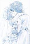  1boy 1girl amamiya_ren arms_around_neck arms_around_waist artist_name blue_theme blush breasts bridal_veil closed_eyes couple dress dress_flower formal groom hetero highres hug husband_and_wife jewelry kawakami_sadayo kiss medium_breasts medium_hair necklace persona persona_5 short_hair suit tuxedo veil waist_hug wedding wedding_dress white_background white_suit yaoto 