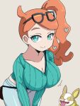  1girl aqua_eyes aqua_shirt bent_over between_breasts blue_pants breasts cleavage collarbone dog eyewear_on_head hair_ornament heart heart_hair_ornament highres large_breasts long_sleeves midriff naitou_kouse orange-tinted_eyewear orange_hair pants pokemon pokemon_(creature) pokemon_(game) pokemon_swsh ribbed_shirt shirt side_ponytail sonia_(pokemon) strap_between_breasts sunglasses tinted_eyewear yamper 