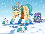  amber_eyes avian beanie bird blaze_(marking) boots clothing dragon facial_markings footwear fur green_body green_scales hasbro hat head_markings headgear headwear hitch_trailblazer_(mlp) horn inuhoshi-to-darkpen male markings mlp_g5 my_little_pony scales scarf snow snowing sparky_sparkeroni_(mlp) tin_can turquoise_hair yellow_body yellow_fur 