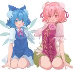  2girls absurdres ahoge alternate_hairstyle bandaged_arm bandages bangs blue_bow blue_dress blue_eyes blue_hair blush bow breasts bun_cover cirno closed_mouth collared_shirt commentary_request double_bun dress flower full_body green_skirt hair_bow hair_bun hair_intakes highres ibaraki_kasen ice ice_wings looking_at_viewer mikan_(manmarumikan) multiple_girls neck_ribbon open_mouth pinafore_dress pink_eyes pink_flower pink_hair pink_rose red_ribbon ribbon rose seiza shirt short_hair simple_background sitting skirt small_breasts smile tabard tongue tongue_out touhou white_background white_shirt wings 