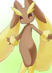  1girl absurdres animal_ears animal_nose black_sclera body_fur brown_fur closed_mouth colored_sclera commentary_request flat_chest furry furry_female gradient gradient_background green_background happy highres knees_together_feet_apart looking_at_viewer lopunny mochizuki_reiji partial_commentary pokemon pokemon_(creature) rabbit_ears rabbit_girl red_eyes simple_background smile solo split_mouth standing two-tone_fur yellow_fur 