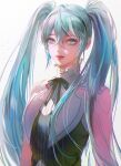  1girl absurdres ahoge bangs black_ribbon black_vest blue_eyes blue_hair grey_hairband hair_between_eyes hairband hatsune_miku highres long_hair looking_at_viewer miku_symphony_(vocaloid) neck_ribbon open_mouth ribbon smile solo twintails upper_body very_long_hair vest vocaloid white_background zinutkun 