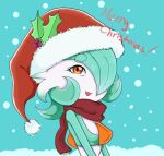  2017 christmas english_text gardevoir hair_over_one_eye hat lavenderaraliya looking_at_viewer merry_christmas mistletoe_hair_ornament nintendo orange_eyes pokemon pokemon_(creature) red_scarf santa_hat scarf snowing 