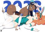  2023 2girls absurdres all_fours alternate_costume animal_ears bare_shoulders black_hair blue_eyes bow bowtie breasts closed_mouth curvy dark-skinned_female dark_skin earrings elbow_gloves eyewear_on_head fake_animal_ears fingerless_gloves gloves green_bow green_bowtie green_eyes green_leotard hair_ornament heart heart_hair_ornament high_heels highres hoop_earrings jewelry kaos_art large_breasts leotard long_hair looking_at_viewer lying multiple_girls nessa_(pokemon) on_back orange_hair parted_lips playboy_bunny pokemon pokemon_(game) pokemon_swsh rabbit_ears side_ponytail skindentation smile sonia_(pokemon) thighhighs thighs white_gloves white_leotard white_thighhighs wide_hips 