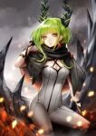  1girl absurdres bangs black_capelet black_gloves black_rock_shooter:_dawn_fall blunt_bangs breasts capelet cleavage cloud cloudy_sky criss-cross_halter dead_master earrings gloves green_eyes green_hair grey_jumpsuit grey_sky halterneck highres horns jewelry jumpsuit long_hair medium_breasts monkeyyan parted_lips shiny_hair sitting sky solo 