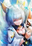  1girl absurdres animal_ear_fluff animal_ears azur_lane blue_eyes breasts cleavage fox_girl fox_mask fox_tail from_above highres holding holding_mask japanese_clothes kaga_(azur_lane) kimono kitsune large_breasts mask metal_belt mike_tanuki multiple_tails sakuramon short_hair solo tail upper_body white_hair white_kimono white_tail 