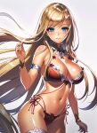  1girl absurdres ai-generated bangs bikini blue_eyes blush breasts brown_hair cleavage detached_collar highres jakeqwe large_breasts long_hair looking_at_viewer navel resized self_upload shiny shiny_skin solo stomach swimsuit upscaled 