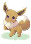  :3 absurdres animal_focus closed_mouth commentary_request eevee full_body fur_collar happy highres leg_up mochizuki_reiji no_humans partial_commentary pokemon pokemon_(creature) purple_eyes simple_background smile solo standing white_background 