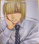  1boy ai_(ai1470) bleach blonde_hair brown_eyes collared_shirt dated hair_over_one_eye hand_on_own_chin head_rest highres hirako_shinji lips long_sleeves looking_at_viewer male_focus necktie parted_lips shikishi shirt short_hair solo striped_necktie traditional_media upper_body white_shirt 