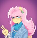  80&#039;s_theme alternate_hairstyle anthro anthrofied aztrial blue_eyes clothing denim denim_clothing denim_jacket ear_piercing equid equine female fluttershy_(mlp) friendship_is_magic gesture hair hasbro hi_res jewelry mammal messy_hair my_little_pony necklace pegasus piercing pink_hair sweater topwear v_sign wings 