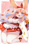  1girl :d animal_ears apron arm_up blue_eyes blue_hair blush body_fur breasts carrot_hair_ornament carrot_print cleavage commentary_request food-themed_hair_ornament food_print furry furry_female hair_ornament hair_ribbon heterochromia highres japanese_clothes kimono kishibe large_breasts long_hair looking_at_viewer multicolored_hair open_mouth original print_kimono rabbit_ears rabbit_girl red_eyes red_hair red_ribbon ribbon smile solo tabi thick_thighs thighs white_apron white_fur white_hair white_kimono wide_sleeves 
