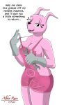  absurd_res alpha_rain anthro breasts clothed clothing dialogue female hi_res lagomorph leporid mammal rabbit shirtless simple_background skimpy solo standing suspenders teasing tools widget wow!_wow!_wubbzy! wrench 