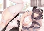  1girl absurdres apron august_von_parseval_(azur_lane) august_von_parseval_(the_conquered_unhulde)_(azur_lane) azur_lane black_dress breasts center_opening cross-laced_dress dress grey_hair hair_over_one_eye highres horns indoors lace-trimmed_legwear lace_trim large_breasts long_hair lying mechanical_horns official_alternate_costume on_bed on_side one_eye_covered panties samip sleeveless sleeveless_dress solo spread_legs thighhighs thighs two-tone_dress underwear very_long_hair waist_apron white_apron white_dress white_panties white_thighhighs window 