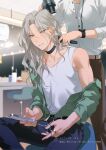  2boys bangs belt blurry blurry_background brown_pants buttons choker collarbone ensemble_stars! grey_hair hair_dryer highres holding holding_hair_brush holding_hair_dryer holding_phone jacket jacket_partially_removed jewelry long_hair long_sleeves male_focus multiple_boys open_mouth orange_eyes pants partially_unbuttoned phone ran_nagisa ring rrr_(reason) shirt sitting sleeveless solo_focus wavy_hair white_shirt 