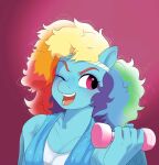  80&#039;s_theme accessory anthro anthrofied aztrial dumbbell equid equine female friendship_is_magic hair hasbro headband holding_object mammal multicolored_hair my_little_pony one_eye_closed open_mouth open_smile pegasus purple_eyes rainbow_dash_(mlp) rainbow_hair smile solo weights wings wink 