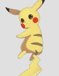  :&lt; absurdres animal_focus blush_stickers brown_eyes closed_mouth commentary_request expressionless from_behind full_body grey_background highres looking_back mochizuki_reiji no_humans partial_commentary pikachu pokemon pokemon_(creature) simple_background solo standing 
