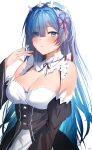  1girl absurdres bare_shoulders black_dress black_ribbon blue_eyes blue_hair breasts cleavage detached_collar detached_sleeves dress eyes_visible_through_hair hair_over_one_eye hairband highres large_breasts long_hair long_sleeves looking_at_viewer maid parted_lips re:zero_kara_hajimeru_isekai_seikatsu rem_(re:zero) ribbon solo suimo_(suimodayo) turtleneck upper_body very_long_hair wide_sleeves 