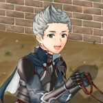  1boy brick_wall collared_capelet fire_emblem fire_emblem_fates grass green_eyes grey_hair horseback_riding printnoura quiff riding shadow silas_(fire_emblem) solo 