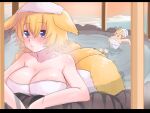  2girls animal_ears bangs blonde_hair blue_eyes blush breasts cleavage closed_mouth commentary_request expressionless floppy_ears fox_ears fox_girl fox_tail hair_between_eyes highres huge_breasts kashiwara_mana kitsune kyuubi large_breasts letterboxed looking_at_viewer multiple_girls multiple_tails onsen short_hair solo_focus tail touhou towel towel_on_head water wet yakumo_ran yakumo_yukari 