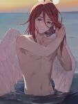  1boy afloat angel angel_devil_(chainsaw_man) angel_wings bangs chainsaw_man closed_mouth hair_between_eyes halo ikanyoikanikan long_hair looking_at_viewer male_focus red_eyes red_hair solo topless_male water wings 
