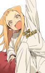  1girl 2022 :d absurdres blonde_hair demi-chan_wa_kataritai double_bun english_text fang forehead hair_bun highres long_hair looking_at_viewer new_year open_mouth pajamas petosu_(sunoco) simple_background smile solo takanashi_hikari white_background yellow_eyes 