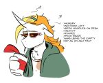  amber_eyes anthro arthropod bags_under_eyes blonde_hair brown_sclera choker cigarette clothing collar dipteran dyx_(mlp) equid equine fan_character hair hasbro horn insect jewelry mammal messy_hair my_little_pony necklace ponytail pupils redxbacon slit_pupils slob smoking solo unicorn 