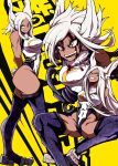  1girl absurdres animal_ears arms_behind_back bangs bare_shoulders blood blue_thighhighs boku_no_hero_academia breasts clenched_teeth closed_mouth covered_navel dark-skinned_female dark_skin forehead grin highleg highleg_leotard highres injury kekel large_breasts leaning_back legs_apart leotard long_hair mirko multiple_views open_mouth parted_bangs rabbit_ears rabbit_girl rabbit_tail red_eyes sharp_teeth sitting smile solo spread_legs standing tail teeth thighhighs thighs white_hair yellow_background 