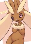  1girl :3 animal_ears black_sclera body_fur border brown_fur closed_mouth colored_sclera commentary_request cowboy_shot dated furry furry_female groin hands_up happy highres looking_at_viewer lopunny outside_border own_hands_together pink_background pink_eyes pokemon pokemon_(creature) rabbit_ears rabbit_girl reka_(reka730) simple_background smile solo standing two-tone_fur white_border yellow_fur 