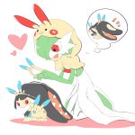  2girls animal_ears animal_hood bangs black_hair black_skin blunt_bangs bob_cut capelet character_print clothed_pokemon colored_skin commentary_request cosplay enden_(pixiv_57969220) extra_mouth fake_animal_ears flat_chest flat_color gardevoir green_hair green_skin hair_over_one_eye hairband hands_up happy heart highres holding_hairband hood hood_up hooded_capelet kneeling leaning_forward long_hair looking_back mawile minun minun_(cosplay) multicolored_skin multiple_girls notice_lines one_eye_covered open_mouth partial_commentary plusle plusle_(cosplay) pokemon pokemon_(creature) red_eyes sharp_teeth short_hair shorts sidelocks simple_background sketch smile speech_bubble spoken_character standing sweat teeth thought_bubble two-tone_skin very_long_hair white_background white_skin yellow_capelet yellow_hairband yellow_shorts yellow_skin 