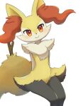  1girl :&gt; absurdres animal_ear_fluff animal_ears animal_nose arms_behind_back black_fur blush body_fur braixen closed_mouth commentary_request flat_chest fox_ears fox_girl fox_tail fur_collar furry furry_female happy highres invisible_chair legs_together looking_at_viewer mochizuki_reiji multicolored_fur partial_commentary pokemon pokemon_(creature) red_eyes simple_background sitting smile solo stick tail thighs white_background white_fur yellow_fur 