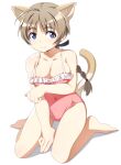  1girl animal_ears blue_eyes blush braid braided_ponytail breasts brown_hair cat_ears cat_tail cleavage closed_mouth collarbone large_breasts long_hair looking_at_viewer lynette_bishop nanashino one-piece_swimsuit pink_one-piece_swimsuit ponytail shiny shiny_hair simple_background smile solo strike_witches swimsuit tail white_background world_witches_series 
