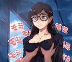  1girl black_hair black_skirt blue_sky breast_grab breasts cleavage commentary_request glasses grabbing groping jacket kaname_aomame long_hair long_sleeves minakata_hizuru purple_eyes shaded_face skirt sky solo summertime_render translation_request unamused window 