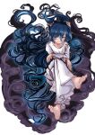  1girl bangle bangs barefoot blue_eyes blue_hair bow bracelet closed_mouth commentary_request crossed_legs debt dress floating_hair full_body hair_bow hair_focus highres jewelry long_dress long_hair long_sleeves looking_to_the_side smile smoke soles solo takeguchi_kouhei toes touhou touhou_gouyoku_ibun very_long_hair white_background white_dress yorigami_shion 