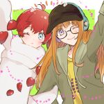  2girls android blue_eyes chiru_illust detached_hair glasses green_jacket hat headphones highres hood hoodie jacket multiple_girls one_eye_closed orange_hair persona persona_5 persona_5_scramble:_the_phantom_strikers purple_eyes red_hair sakura_futaba smile sophia_(p5s) white_hoodie 