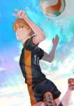  1boy absurdres arms_up bangs haikyuu!! hair_between_eyes highres hinata_shouyou jumping karasuno_volleyball_uniform kyuuba_melo looking_at_object orange_eyes orange_hair short_sleeves shorts signature solo spiked_hair sportswear volleyball volleyball_uniform 