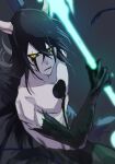  1boy bangs black_hair black_wings bleach closed_mouth colored_sclera colored_skin energy_weapon facial_mark green_sclera grey_background hair_between_eyes highres hishui_prpr holding holding_polearm holding_weapon hole_in_chest hole_on_body horns looking_at_viewer male_focus polearm simple_background solo ulquiorra_cifer upper_body weapon white_horns white_skin wings yellow_eyes 